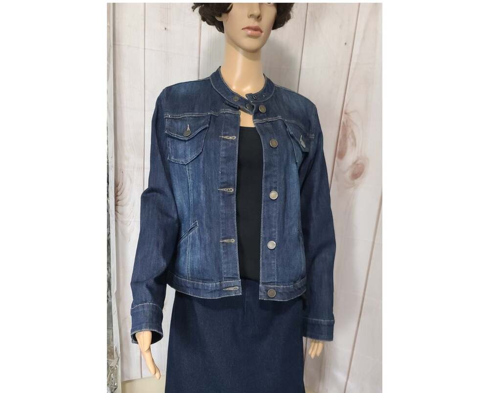 Route 66 Women S Collarless 2-Snap Closure Button Down Cropped Blue Denim Jacket